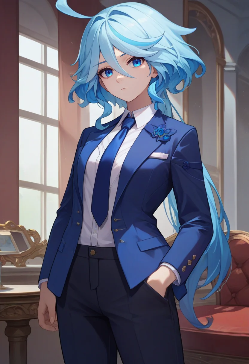 score_9, score_8_up, score_7_up, source_anime, solo, 1girl, furinarnd, expressionless, looking at viewer, standing, ahoge, formal, suit, blue necktie, black pants, indoors <lora:genshinimpact_furina_ponyXL:1>