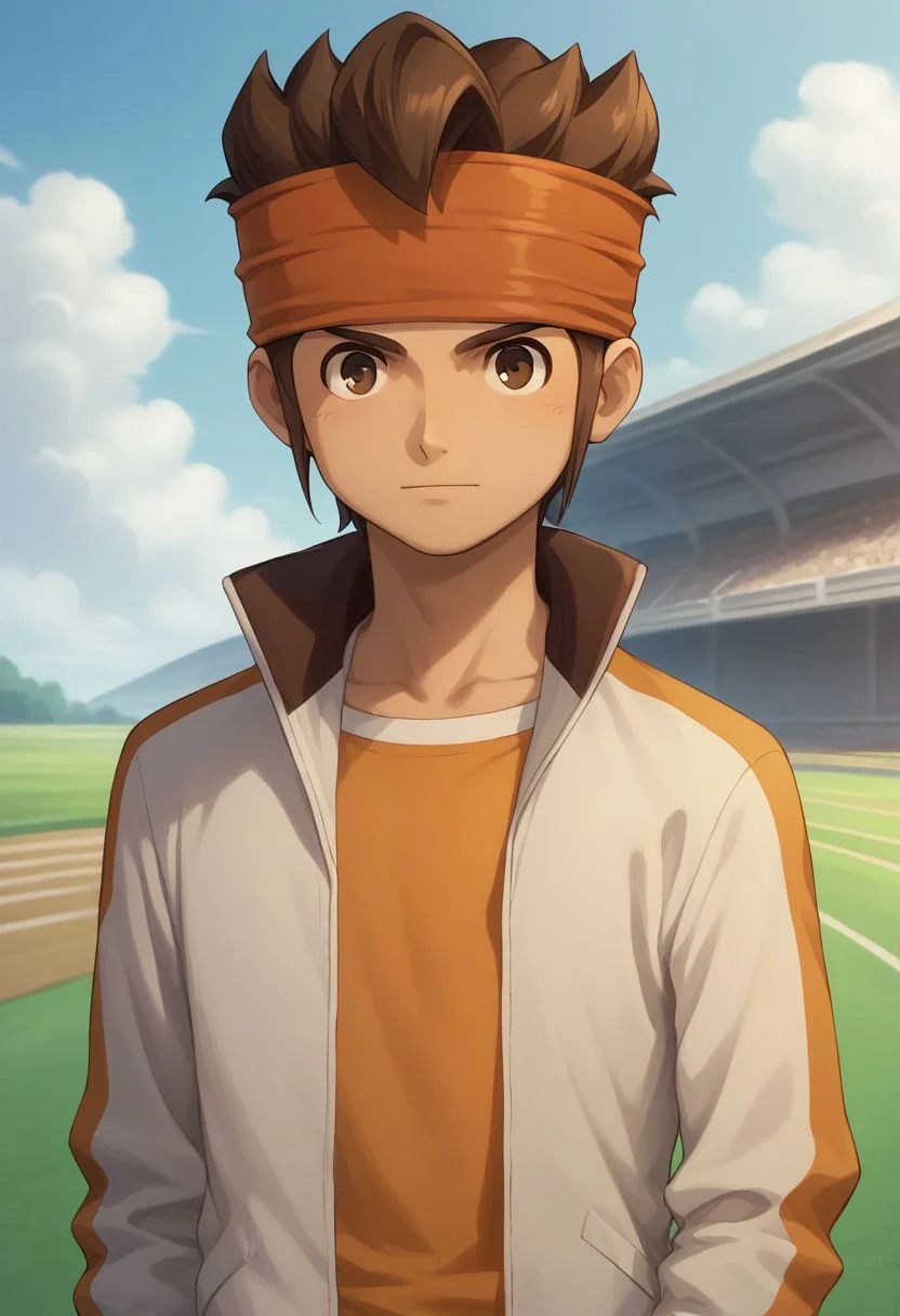 score_9, score_8_up, score_7_up, source_anime, highly detailed,
endou, 1boy, male focus, headband, solo, brown hair, brown eyes, jacket, pants, open jacket, track jacket, orange shirt, blue pants, upper body,
outside,