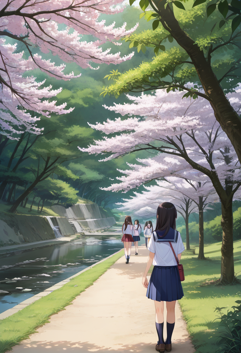 score_9, score_8_up, score_7_up, rating_safe, masterpiece, best quality, absurdres, unity 8k wallpaper, official art, official style, source_anime, uncensored, game cg, megami magazine,
syukugawa, tree, outdoors, scenery, cherry blossoms, day, multiple girls, real world location, school uniform, skirt, grass, 
 <lora:syukugawa_PONY_V1:1>