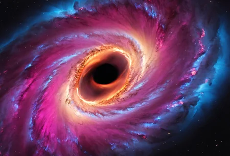 a dynamic and breathtaking image of the universe with vibrant colors and dramatic lighting. Show a swirling nebula in the foreground with bright, intense hues of blue, purple, and pink. In the background, depict a distant galaxy with spiraling arms and scattered stars. Include a supernova explosion, radiating brilliant light, and a mesmerizing black hole at the center, with cosmic debris swirling around it. Add a hint of distant planets and asteroids to create a sense of scale and depth. Make the entire scene feel alive and constantly in motion.