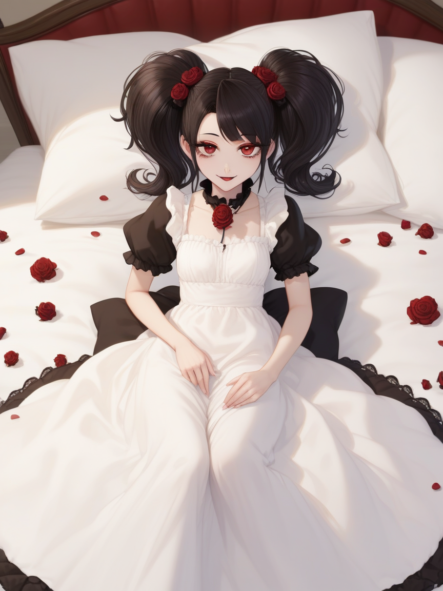 score_9, score_8_up, score_7_up, best quality, masterpiece, 4k, uncensored, perfect lighting, very aesthetic, anime, BREAK
cute 1girl with gray (mega twintails),, 
gothic, long dress, vampire, lying on a bed, lace, ruffles, roses,
photograph, realistic,
seductive smile, 
nyororiso_(muyaa), shirokuma_(nankyoku),
 Negative <lora:mega_twintails-PD-1.0:1>