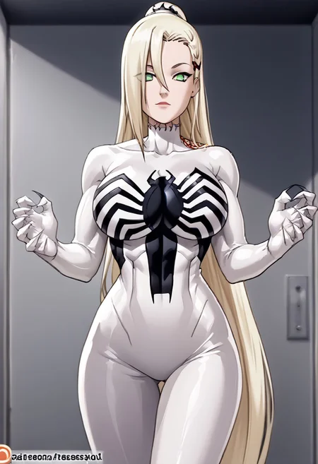 score_9, score_8_up, score_7_up, score_6_up, source_anime,rating_explecit,anime coloring, 1girl,details, <lora:Expressive_H:1>   <lora:She Venom LoCon:1> she venom, White detailed bodysuit, full white suit, white suit, big symbols spider , perfect symbols spider, big logo spider white on suit<lora:Symbiote:0.6>,large breast,very long hair,  stand up,sexy pose, possessive female, room, blonde hair, green eyes, long hair, hair between eyes,very long hair , silky hair,,she venom,female suit , big breast, largest breast, female anti-venom,solo