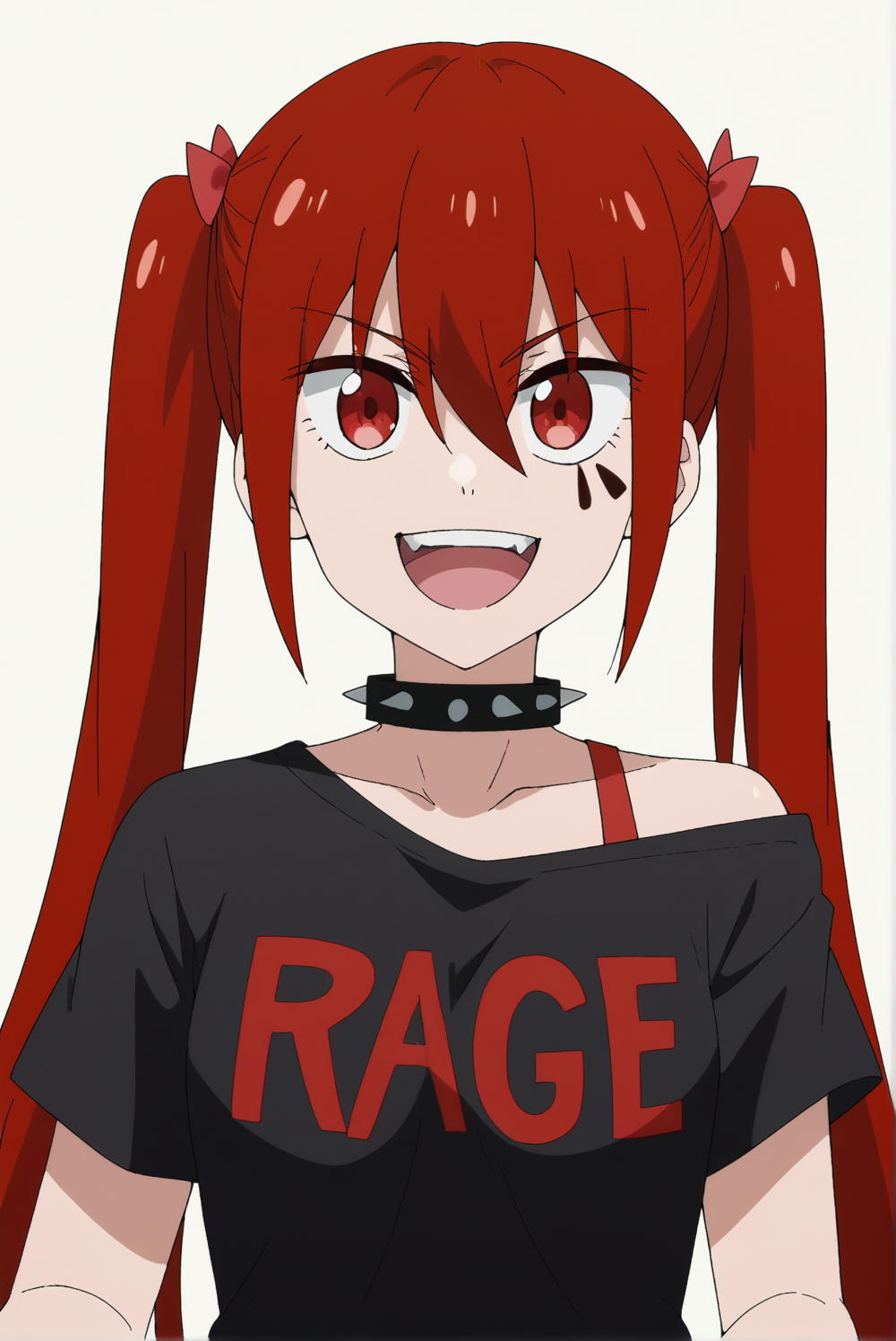 <lora:Anarchy:0.8>, white background, upper body, Anarchy, 1girl, solo, smile, open mouth, shirt, collar, spikes, spiked collar