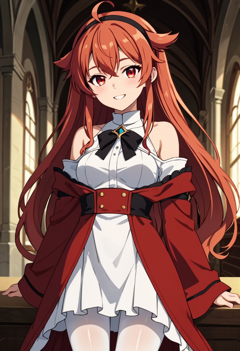 score_9, score_8_up, score_7_up,Eris_Greyrat, red_eyes, red_hair, ahoge, hair_between_eyes, hair_flaps, small_breasts, bare_shoulders, black_hairband, black_bow, white_shirt, white_dress, wide_sleeves, brown_skirt, white_pantyhose,indoors, castle, windy,strong winds, shirt tug,slight smile, anime screencap
