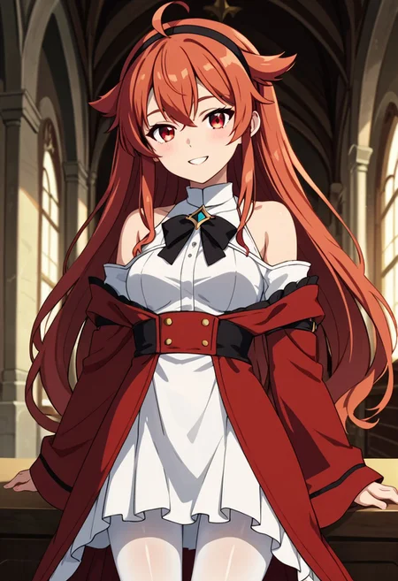 score_9, score_8_up, score_7_up,Eris_Greyrat, red_eyes, red_hair, ahoge, hair_between_eyes, hair_flaps, small_breasts, bare_shoulders, black_hairband, black_bow, white_shirt, white_dress, wide_sleeves, brown_skirt, white_pantyhose,indoors, castle, windy,strong winds, shirt tug,slight smile, anime screencap
