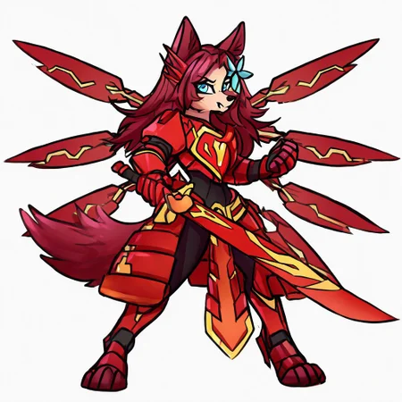Cr01a,1girl,solo,furry,furry female,animal ears,long hair,red hair,hair ornament,blue eyes,snout,animal nose,body fur,tail, red power armor, mecha musume, official alternate costume, solo, 1girl, black bodysuit, red sword wings, red headgear, red armored gloves, red breastplate, red mechanical boots, red huge sword, holding red huge sword full body, sky