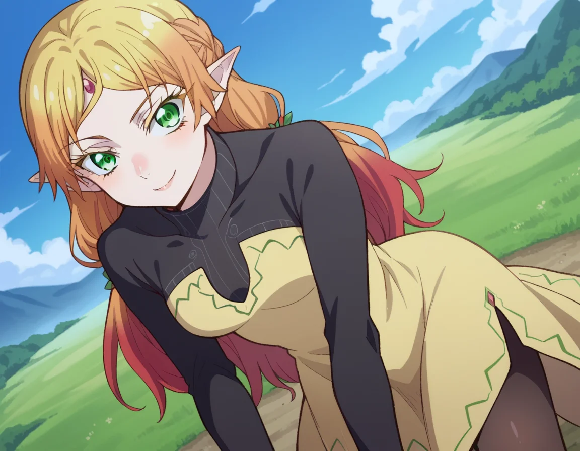 score_9, score_8_up, score_7_up, source_anime,
tsundereelf, <lora:tsundere-elf-s1-ponyxl-lora-nochekaiser:1>,
tsundere elf, long hair, blonde hair, green eyes, pointy ears, elf, multicolored hair, forehead jewel,
dress, yellow dress, long sleeves, turtleneck bodysuit, pantyhose, sweater, black sweater,
outdoors, landscape, bent over, smile,
looking at viewer, cowboy shot, dutch angle,