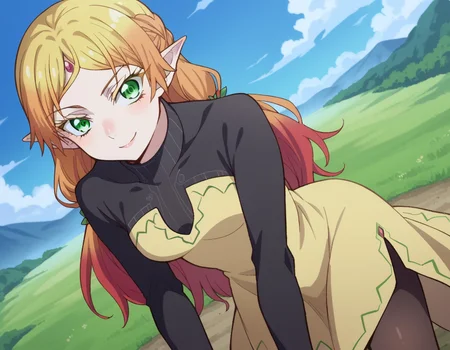 score_9, score_8_up, score_7_up, source_anime,
tsundereelf, <lora:tsundere-elf-s1-ponyxl-lora-nochekaiser:1>,
tsundere elf, long hair, blonde hair, green eyes, pointy ears, elf, multicolored hair, forehead jewel,
dress, yellow dress, long sleeves, turtleneck bodysuit, pantyhose, sweater, black sweater,
outdoors, landscape, bent over, smile,
looking at viewer, cowboy shot, dutch angle,