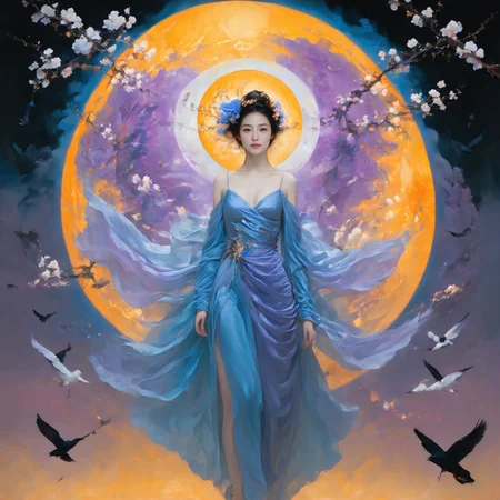 <lora:LangV2:0.85>, <lora:RuanV2:0.6>, <lora:KahoPonySRV1:0.9>, Kaho, pigeon, dress, rose, <lora:add-detail-xl:1.0>, 1girl, moon, solo, flower, full moon, dress, hair ornament, branch, black hair, jewelry