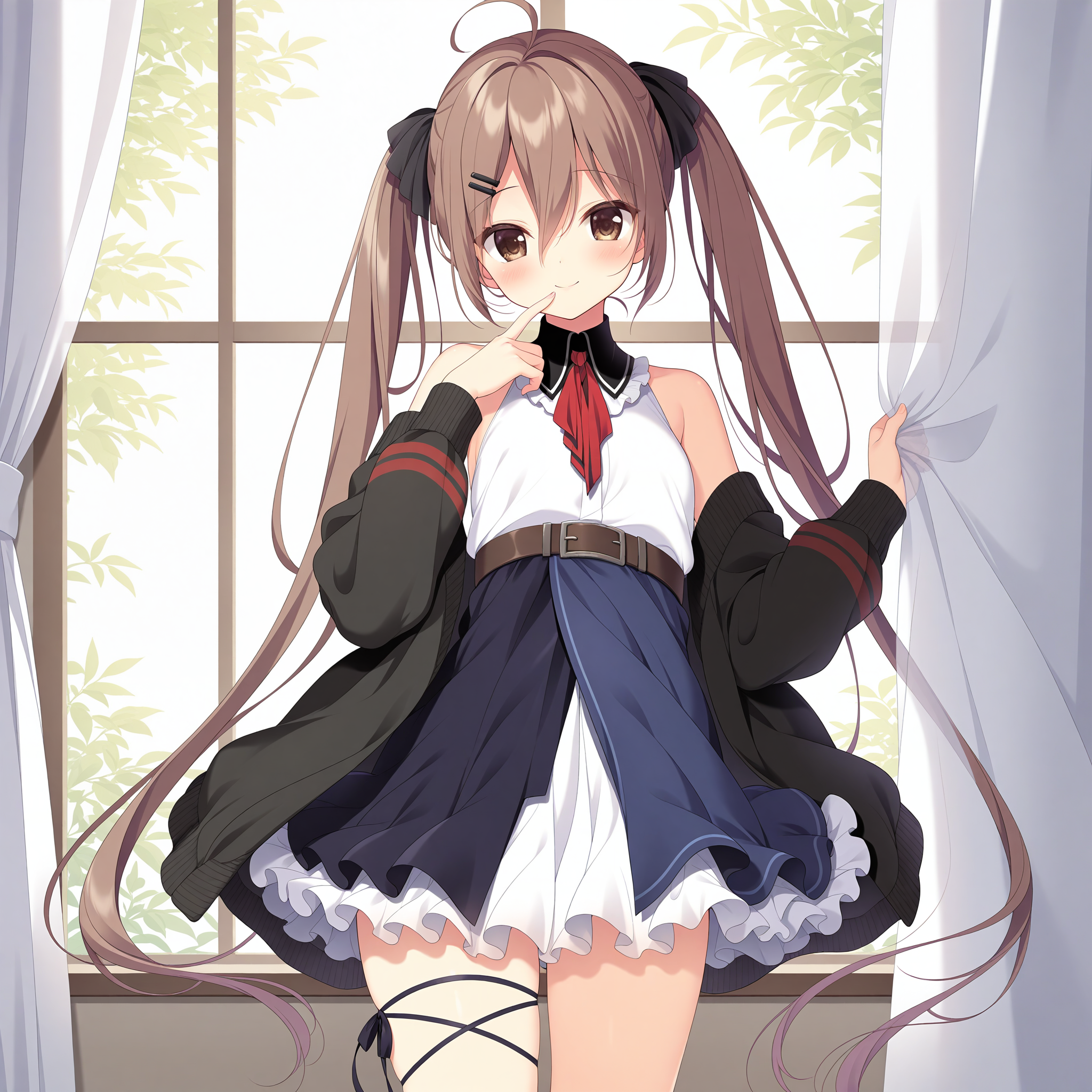 <lora:Kurashina_Futaba_1_nai-000032:1>,Kurashina Futaba,brown hair,twintails,hairclip,hair ribbon,black ribbon,
black jacket,long sleeves,open jacket,off-shoulder jacket,white shirt,sleeveless shirt,collared shirt,brown belt,blue skirt,black skirt,white skirt,layered skirt,frilled skirt,high-waist skirt,thigh ribbon,
BREAK
1girl,solo,smile,window,standing,curtains,curtain grab,looking at viewer,front view,cowboy_shot,finger to mouth,
