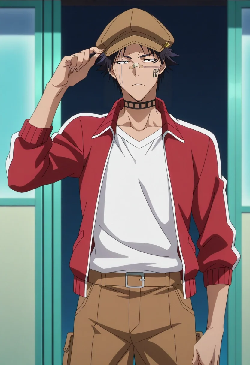 masterpiece, best quality, , anime screencap, anime coloring, official style, looking at viewer, 1boy, solo, male focus, <lora:shuuhei_hisagi_ilxl:0.98>, shuuhei_hisagi, black hair, black eyes, short hair, spiked hair, tattoo, facial mark, bandaid on nose, scar on face, , , , Cropped cargo shorts, Corduroy Goldenrod Tie-dye Zip-up track jacket, , Newsboy cap with ear flaps,