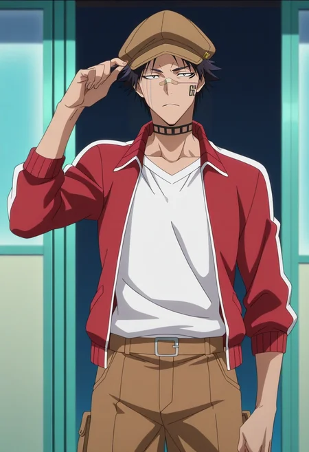 masterpiece, best quality, , anime screencap, anime coloring, official style, looking at viewer, 1boy, solo, male focus, <lora:shuuhei_hisagi_ilxl:0.98>, shuuhei_hisagi, black hair, black eyes, short hair, spiked hair, tattoo, facial mark, bandaid on nose, scar on face, , , , Cropped cargo shorts, Corduroy Goldenrod Tie-dye Zip-up track jacket, , Newsboy cap with ear flaps,