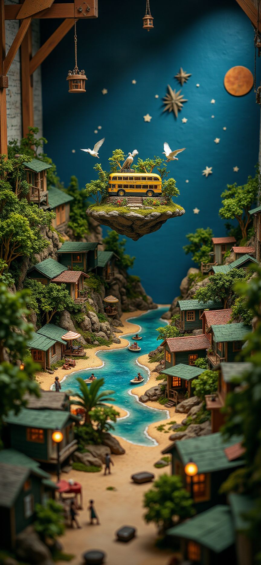 (indoor,very wide isometric view,tilt-shift lens:1.6), (windowless,fna_style,miniature,miniature,diorama,miniature,diorama,PVC,plastic:2),starry night jungle,beach,1950s town with bus  at (floating island,levitating  island:1.5) on (table:2) at (attic:2.5)   <lora:Diorama_Flux:1>
 <lora:Fantasy_Novel_Art_Style:1>
