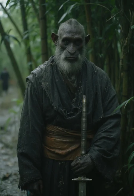 dark, shadow, grainy, film grain, CloseUp Portrait, eerie Action Shot, anti Hero vibes, Vintage analog photo, Film grain, Low Key bleaked orange and grey colored, Photorealistic, In feudal Japan, during a rainstorm, a figure stands in the shade of a bamboo bush, protected from the rain and moonlight, a muscular manly Grim looking snow monkey figure in a worn leather-reinforced robe, a blade, exuding an atmosphere of abandonment and solitude. Atmospheric lighting, volumetric lighting, atmospheric haze,