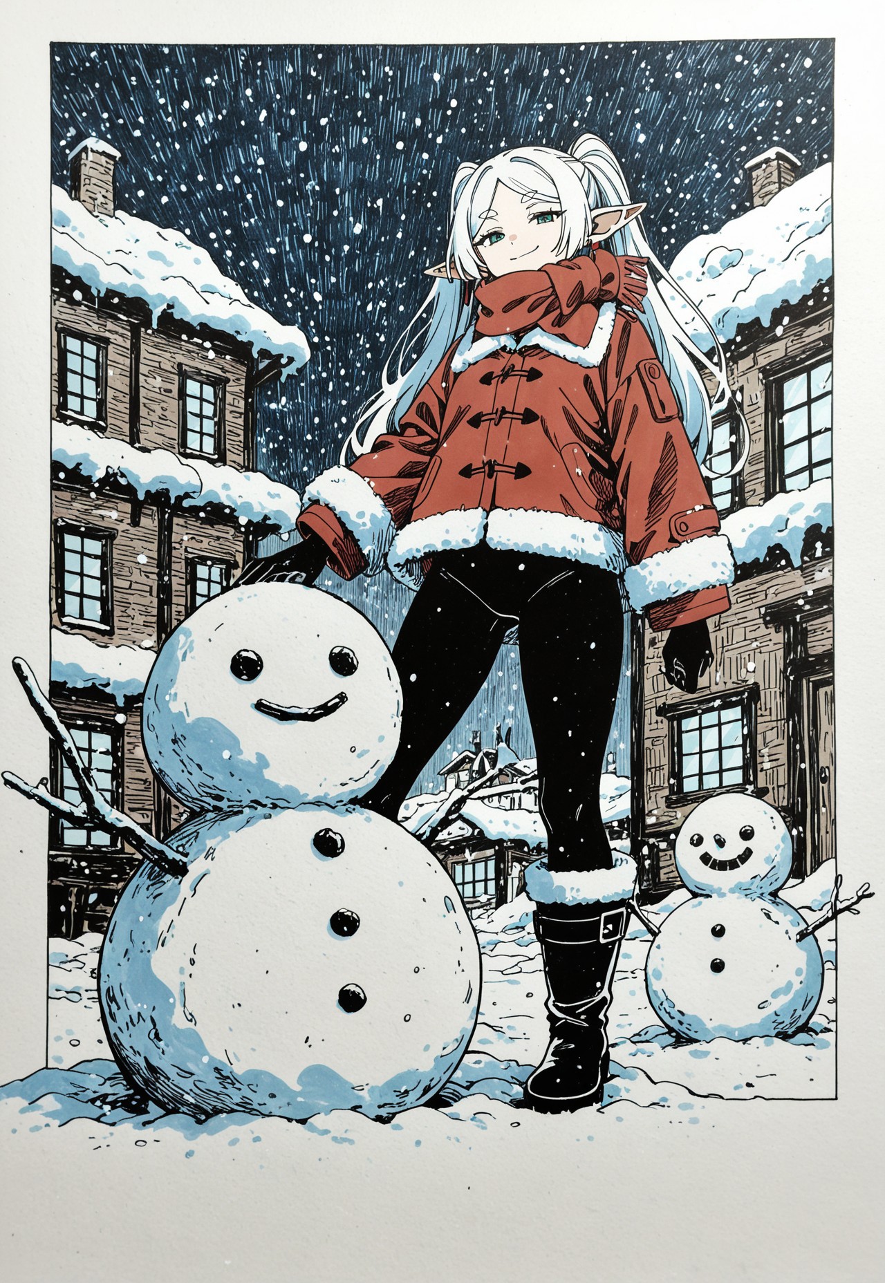 masterpiece, best quality, amazing quality, very aesthetic, absurdres, newest, elf woman, solo,flat-colors, flat-shading, frieren,  smirk, smug,  , detailed hair, 
building snowman, snow, winter, bodysuit, fur-lined boots, fur-lined jacket, scarf, traditional media, rough sketch, color sketch, linear hatching, 