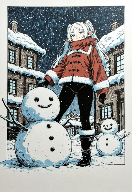 masterpiece, best quality, amazing quality, very aesthetic, absurdres, newest, elf woman, solo,flat-colors, flat-shading, frieren, smirk, smug, , detailed hair,
building snowman, snow, winter, bodysuit, fur-lined boots, fur-lined jacket, scarf, traditional media, rough sketch, color sketch, linear hatching,