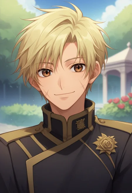 score_9, score_8_up, score_7_up, source_anime, highly detailed,
mikage, 1boy, blonde hair, short hair, male focus, brown eyes, scar, scar on face, uniform, solo, military, military uniform, black uniform, upper body, looking at viewer, smile,
outdoor, garden, sky,