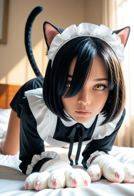 SmoothNoob_Quality, 1girl, mature, black short hair, bob cut, cat eyes, maid outfit, sleeveless, hair over one eye, cat paws, cat ears, long sleeves, golden eyes, expressionless, cute round face, all fours, crawling towards viewer, cat pose, cat tail, on bed, side lighting, depth of field, scenery, volumetric lighting, soft lighting, subsurface scathering, skin pores, detailed skin, soft shadow, skindentation, <lora:Smooth_Booster_v3:0.8>