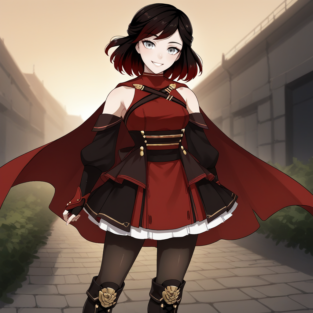 score_9, score_8_up, score_7_up, score_6_up, score_5_up, score_4_up, zPDXL2,source_anime,rating_questionable, 1girl, solo, outdoors,  looking at viewer, smile, cowboy shot,  <lora:SummerRose_-_V2:0.8> SummerRose_RWBY,  short hair, black hair,gradient hair, grey eyes, fingerless gloves, detached sleeves, bare shoulders,  red dress,pantyhose, red cape, boots