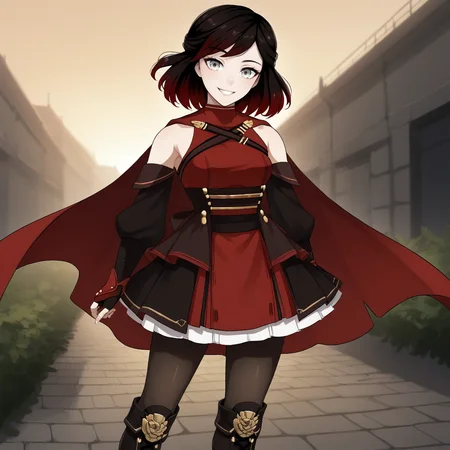 score_9, score_8_up, score_7_up, score_6_up, score_5_up, score_4_up, zPDXL2,source_anime,rating_questionable, 1girl, solo, outdoors,  looking at viewer, smile, cowboy shot,  <lora:SummerRose_-_V2:0.8> SummerRose_RWBY,  short hair, black hair,gradient hair, grey eyes, fingerless gloves, detached sleeves, bare shoulders,  red dress,pantyhose, red cape, boots
