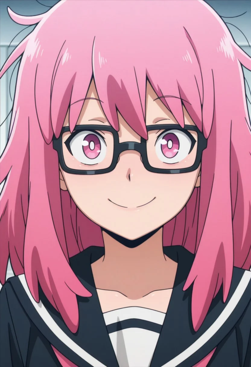 Masterpiece , best quality , amazing quality , anime screencap , a girl ,popstep
pink eyes , pink hair, medium hair ,
messy hair , long hair , square glasses , serafuku , looking at viewer, smile , portrait