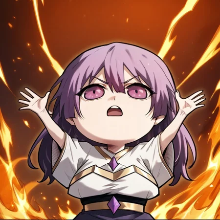 zPDXL3, score_9_up, score_8_up, score_7_up, (Anime_source), 1girl, SuJinyan, pink eyes, lavender hair, long hair,
Su clothes, (arms up, fire, outstretched arms, upper Body, burning, open mouth, chibi)