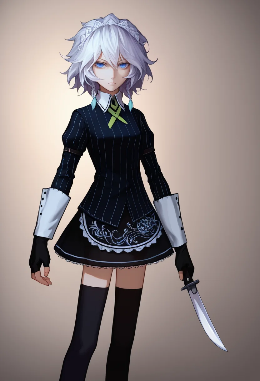 score_9, score_8_up, score_7_up, source_anime, solo, 1girl, kdizay0i, expressionless, looking at viewer, standing, holding knife, holding weapon, white hair, twin braids, maid headdress, blue eyes, striped clothes, black shirt, striped shirt, collared shirt, long sleeves, black gloves, fingerless gloves, black skirt, black thighhighs <lora:koumajoudensetsu_izayoi_ponyXL:1>