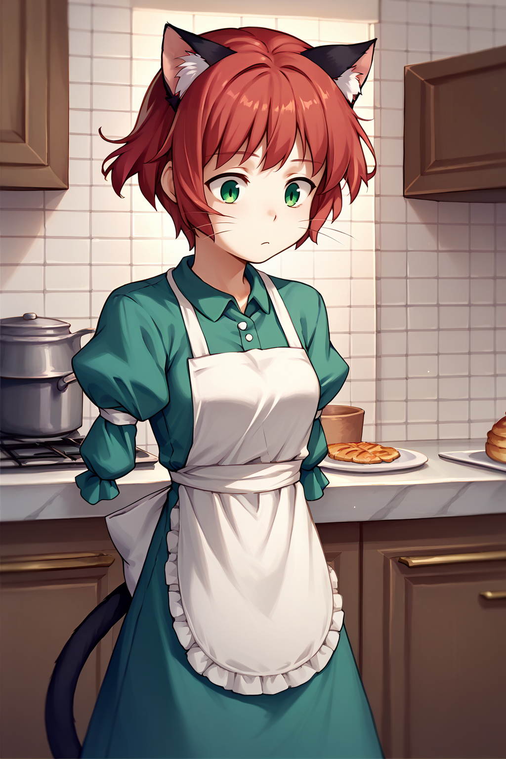 score_9, score_8_up, score_7_up, BREAK 1girl, solo, <lora:NSRinKatawa:1> NSRinKatawa, amputee, red hair, short hair, green eyes, apron, blue short dress, puffy sleeves, kitchen, confused, :<, whiskers, cat ears, cat tail