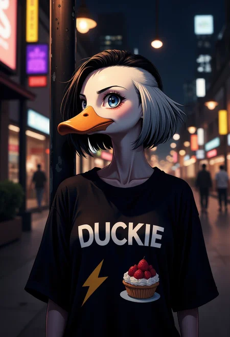 A anime-style illustration of an anthropomorphic white duck set in a modern urban nighttime scene. The duck exudes a cool, confident vibe, leaning casually against a lamp post. Its sleek, black hair is styled in a straight blunt bob cut that perfectly frames its face. The duck's head is turned to the right, slightly tilted back, capturing a moment of nonchalant attitude.
The duck is dressed in a black oversized shirt, boldly printed with the word “DUCKIE” in a clean, straight font across the chest. Below the text, two distinct graphics are prominently displayed: a simple yellow lightning bolt pictogram on the left and a vibrant, detailed image of a strawberry tart topped with cream on the right.
The warm glow of the lamp post highlights the character's sleek silhouette and casts subtle shadows across the urban setting, giving the composition a candid street photography aesthetic. The cityscape in the background is softly blurred, with hints of neon signs and distant streetlights adding depth and ambiance to the scene. The overall tone is moody yet whimsical, blending urban grit with playful charm