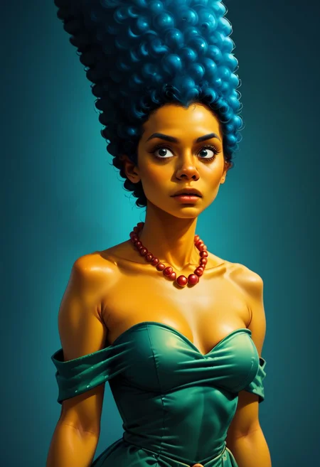 score_9, score_8, solo, 1girl, fantasy, gl1tt3rsk1n, 2d, magic, upper body, marsim, yellow skin, afro, blue afro, green dress, strapless dress, pearl necklace,