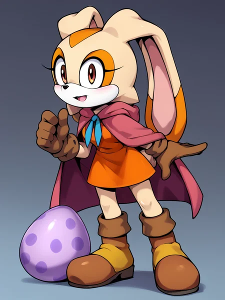 score_9, score_8_up, score_7_up, <lora:Cream_the_Rabbit_Pony:0.8> cre4mth3r4bb1t, Furry, furry female, animal ears, animal nose, rabbit ears, rabbit girl, tail, brown gloves, multicolored fur, orange dress, mauve cloak, brown boots, <lora:Bianca_the_bunny_PonyXL:0.5> short dress, hooded cloak, purple dragon egg,