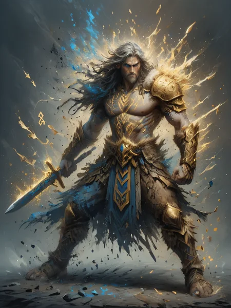 by Julie Mehretu, eclectic by Andre-Charles Boulle, intricate gold, canvas, detailed, barbarian, fantasy, <lora:Flashfire_Glowing_Runes:0.5>, Flashfire glowing runes, full body, blue, holds a 2sword, <lora:ral-dissolve:1>, ral-dissolve,