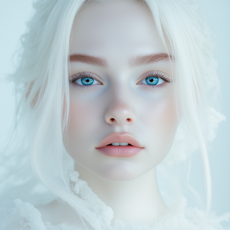  A closeup, surreal, ethereal portrait of a woman with a hauntingly beautiful, almost angelic presence. Her pale complexion is luminescent, blending seamlessly into the pure white background, creating an impression that she is emerging from light itself. Her very large piercing blue eyes are the focal point, their crystalline clarity and soft glow conveying a sense of otherworldly wisdom and calm.