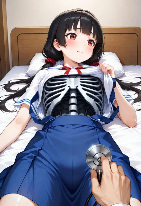 masterpiece, best quality, high quality, highres, absurdres, insanely detailed, amazing quality, very aesthetic, newest, Anime screencap, zPDXL3, sfw
<lora:Hyper-SDXL-8steps-lora:1> <lora:StS-Illustrious-Detail-Slider-v1.0:3>
1girl, black hair, bangs, Straight bangs, blunt bangs, hime cut, long hair, straight hair, low twintails, long pigtails, hair tie,
dress, blue dress, white blouse, neck ribbon, bule ribbon, suspenders, suspender skirt,
<lora:medicalexamination_Illust_v0.1:0.8>
medical examination, stethoscope, clothes lift, shirt lift, lifted by self, solo focus, indoors, on bed, hospital bed, hospital, lying,
anxiety, tears, blush,
(cyborg ribs, white metal ribs:1.5),