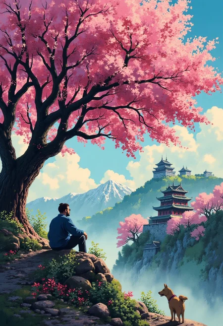Vector art, uhd, 8k, 4k, epic, dramatic, 4k quality, (Perfect hand:1.4), (masterpiece), (superhero), detailed, ghiblistyle, Perfect hand
Rendered in a style redolent of Impressionism, the painting utilizes a vibrant.
A man and a dog sitting underneath a cherry blossom tree. Overlooking a Japanese castle in the distance. 
Dim lighting, sharp detail, cinematic lighting