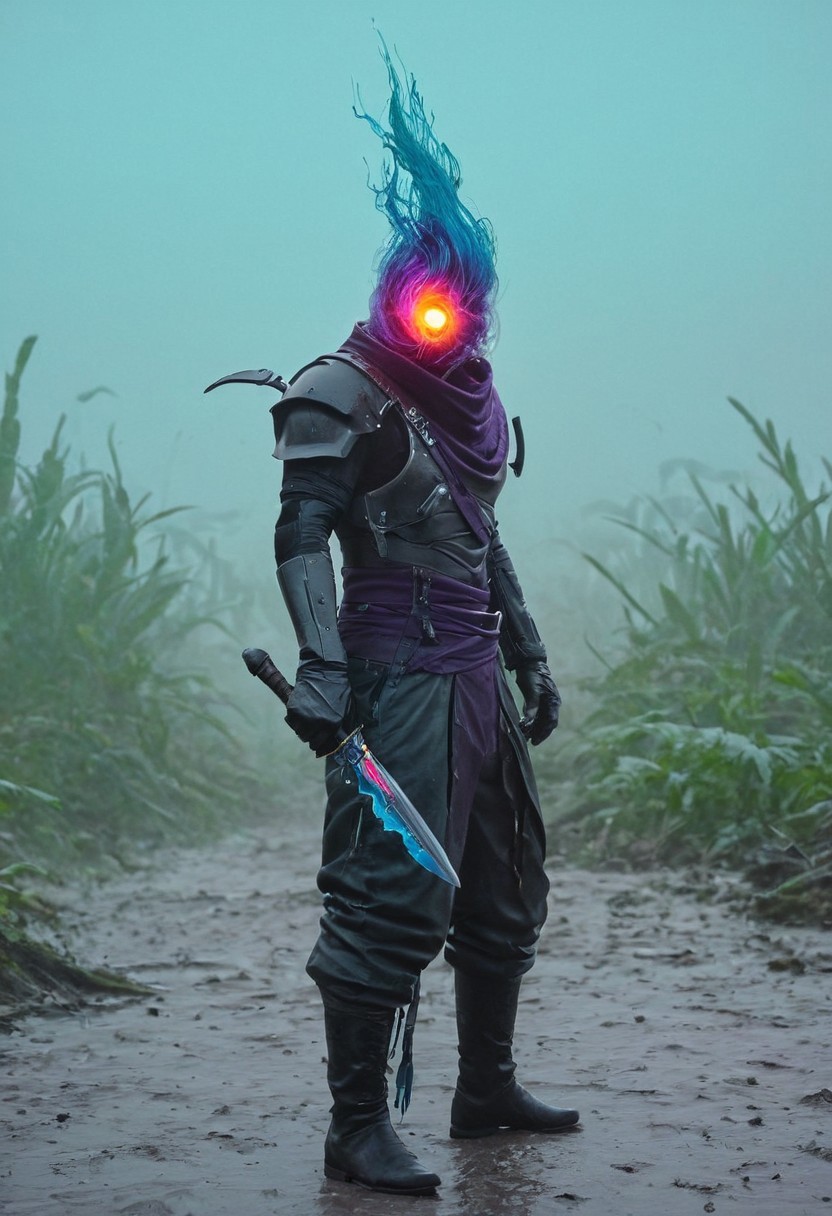 rear view, rearview, from behind, closeup, photorealistic, cells, amazing quality, masterpiece, best quality, hyper detailed, ultra detailed, UHD, perfect anatomy, portrait, dof, hyper-realism, majestic, awesome, inspiring, Create a close-up image of a cyberpunk assassin with translucent blue and puple burning-head,  wearing a black biker leather jacket with a high collar. wielding a giant translucent amber sword, His long, disheveled long translucent ethereal hair blows in the wind. The face grins directly at the camera with a menacingly evil expression., Standing in a turquoise purple Ethereal eerie swamp, atmospheric haze, cinematic composition, soft shadows, very detailed, hd, RAW photograph, masterpiece, top quality, best quality, official art,highest detailed, atmospheric lighting, cinematic composition, complex multiple subjects, 4k HDR, vibrant, highly detailed, Leica Q2 with Summilux 35mm f/1.2 ASPH, Ultra High Resolution, wallpaper, 8K, Rich texture details, hyper detailed, detailed eyes, detailed background, epic composition, high quality , (8k, RAW photo, highest quality), hyperrealistic,