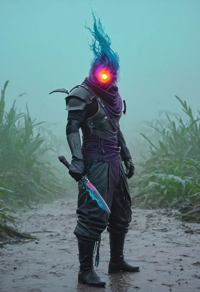 rear view, rearview, from behind, closeup, photorealistic, cells, amazing quality, masterpiece, best quality, hyper detailed, ultra detailed, UHD, perfect anatomy, portrait, dof, hyper-realism, majestic, awesome, inspiring, Create a close-up image of a cyberpunk assassin with translucent blue and puple burning-head, wearing a black biker leather jacket with a high collar. wielding a giant translucent amber sword, His long, disheveled long translucent ethereal hair blows in the wind. The face grins directly at the camera with a menacingly evil expression., Standing in a turquoise purple Ethereal eerie swamp, atmospheric haze, cinematic composition, soft shadows, very detailed, hd, RAW photograph, masterpiece, top quality, best quality, official art,highest detailed, atmospheric lighting, cinematic composition, complex multiple subjects, 4k HDR, vibrant, highly detailed, Leica Q2 with Summilux 35mm f/1.2 ASPH, Ultra High Resolution, wallpaper, 8K, Rich texture details, hyper detailed, detailed eyes, detailed background, epic composition, high quality , (8k, RAW photo, highest quality), hyperrealistic,