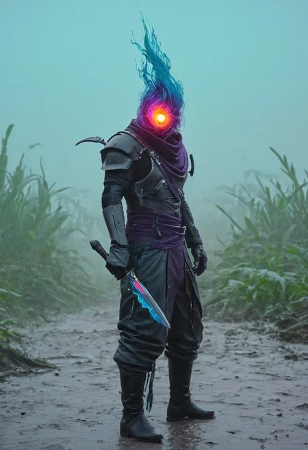rear view, rearview, from behind, closeup, photorealistic, cells, amazing quality, masterpiece, best quality, hyper detailed, ultra detailed, UHD, perfect anatomy, portrait, dof, hyper-realism, majestic, awesome, inspiring, Create a close-up image of a cyberpunk assassin with translucent blue and puple burning-head,  wearing a black biker leather jacket with a high collar. wielding a giant translucent amber sword, His long, disheveled long translucent ethereal hair blows in the wind. The face grins directly at the camera with a menacingly evil expression., Standing in a turquoise purple Ethereal eerie swamp, atmospheric haze, cinematic composition, soft shadows, very detailed, hd, RAW photograph, masterpiece, top quality, best quality, official art,highest detailed, atmospheric lighting, cinematic composition, complex multiple subjects, 4k HDR, vibrant, highly detailed, Leica Q2 with Summilux 35mm f/1.2 ASPH, Ultra High Resolution, wallpaper, 8K, Rich texture details, hyper detailed, detailed eyes, detailed background, epic composition, high quality , (8k, RAW photo, highest quality), hyperrealistic,