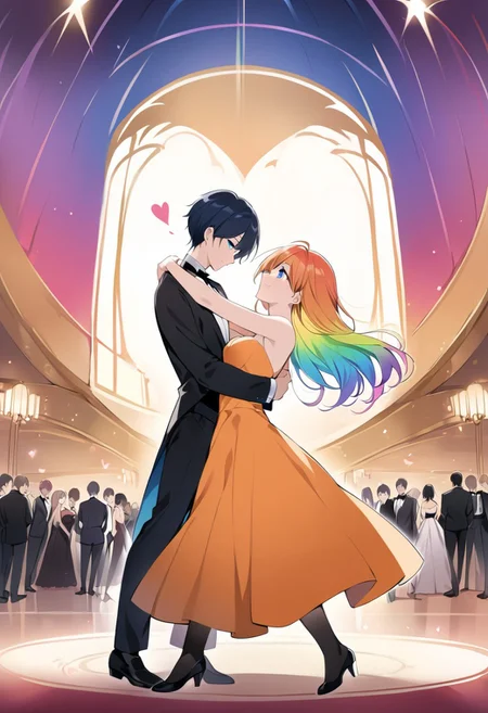 (masterpiece), (score_9, score_8_up, score_7_up,source_anime), 4K8K, best quality, high res image, illustration, (Uncorrected), CG, 
(Heart-Shaped:1.3), 
ainb0w M0rph, from below, Romantic dance, Elegant movements, Mutual harmony,  Dynamic, active, 
(girl and boy dancing waltz), (medium breasts), smile, chin up, looking up. leg up, jumping, 
(gradient hair, multicolored hair, rainbow hair), (cat eyes, blue eyes:1.3),  
(girl wearing orange dress, stockings, ), 
(boy wearing tuxedo:1.3), 
(in ballroom,rainbow baclround, rainbow backlighting1.2),