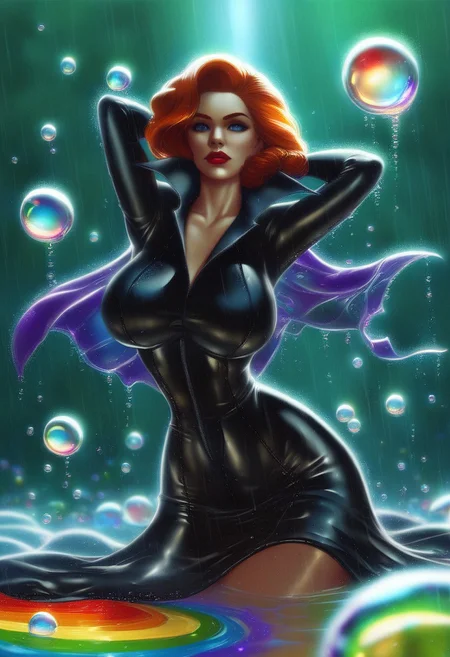 MILF, 28 years old, tight leather skirt, black leather vampire cape, sloppy red wavy hair, sexy red boots, revealing outfit, red lips, mascara, eyelashes, hourglass figure, strong, big blue eyes, playboy pose, hands behind the head, seductive, large saggy breasts, mature female, m1lfm3t3r, anezaki mamori, Masterpiece, Masterpiece, highest quality, texture:1.5, high ,tear shaped boobs, drow ranger, drow ranger \(dota2\), slimes_balalaika, Masterpiece, 32k, photorealistic:1.4, score_9, score_8_up, score_7_up, huge boobs, small waist, wide hips, high cheekbones, oval face, slim waist, wide hips, slender legs, full hips, thickwater, raining, bubbles, BlueeyeXL, liquid, bubbles, translucent, water, tranparent, reflection, prism, rainbow, thick water.