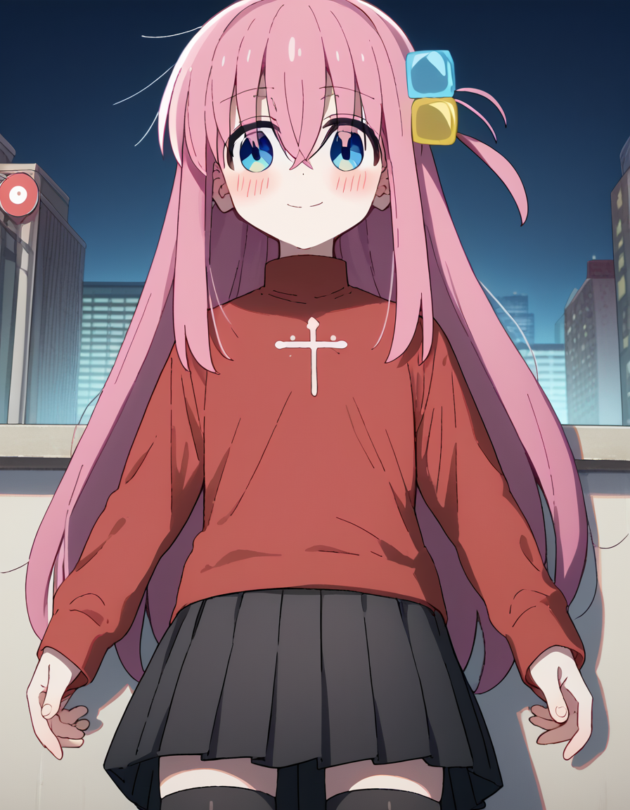 score_9, score_8_up, score_7_up, source_anime, hitorigotou, <lora:hitori-gotou-s1-ponyxl-lora-nochekaiser:1>, hitori gotou, blue eyes, cube hair ornament, hair between eyes, hair ornament, pink hair, one side up, long hair, <lora:rin-tohsaka-cosplay-ponyxl-lora-nochekaiser:1>, rintohsakacosplay, tohsaka rin \(cosplay\), black skirt, black thighhighs, long sleeves, miniskirt, pleated skirt, red sweater, skirt, sweater, thighhighs, turtleneck,, cityscape, street, smile, blush,, cowboy shot, dutch angle, solo,