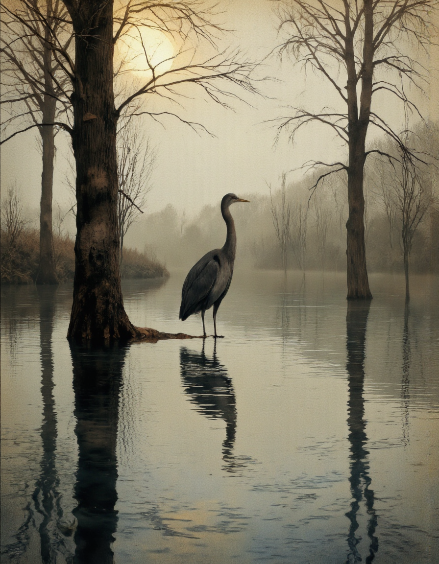 . A bird standing on the edge of a misty river with its reflection in the water, surrounded by bare trees and a serene atmosphere. a large bird, likely a heron, is standing in the middle of the image, facing the viewer with its long neck stretched out. the bird is silhouetted against the misty backdrop, with the trees partially submerged in the still water, creating a sense of depth and perspective. the trees in the background are bare, with no leaves, and the water is calm and still, reflecting the trees and the sky above. the image has a soft, ethereal quality to it, with a focus on the bird's silhouette and the texture of the water's surface, making it a beautiful and serene scene.