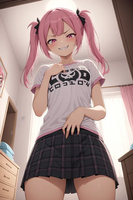 1girl, solo, cute, twintail, pink hair, evil grin, smirk, standing, from below, looking down, hand on own torso, bedroom, t-shirts, skirt, masterpiece, best quality,
