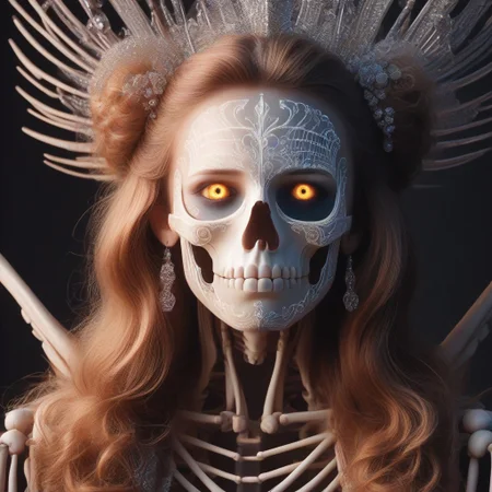Intricately detailed skeleton Marylynn Monroe, Long voluminous hair, Vibrant dark color scheme, masterpiece, best quality, ultra detailed, hires, 8k uhd, cinematic lighting
