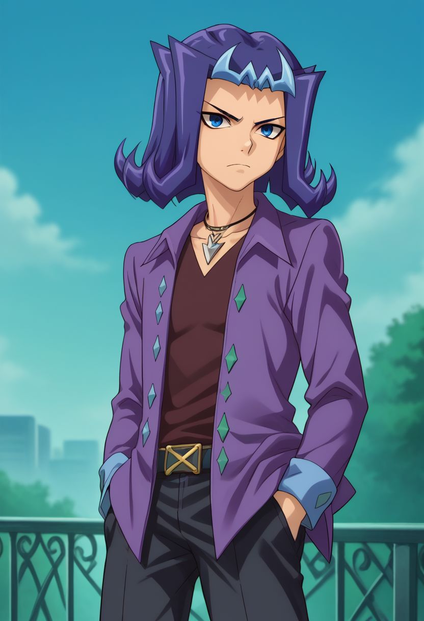 score_9, score_8_up, score_7_up, source_anime, highly detailed, 
shark, solo, 1boy, male focus, blue eyes, purple hair, blue hair, multicolored hair, hands in pockets, jewelry, necklace, pants, shirt, looking at viewer, jacket, black pants, belt, open clothes, closed mouth, purple jacket, upper body, frown,
outdoor,
