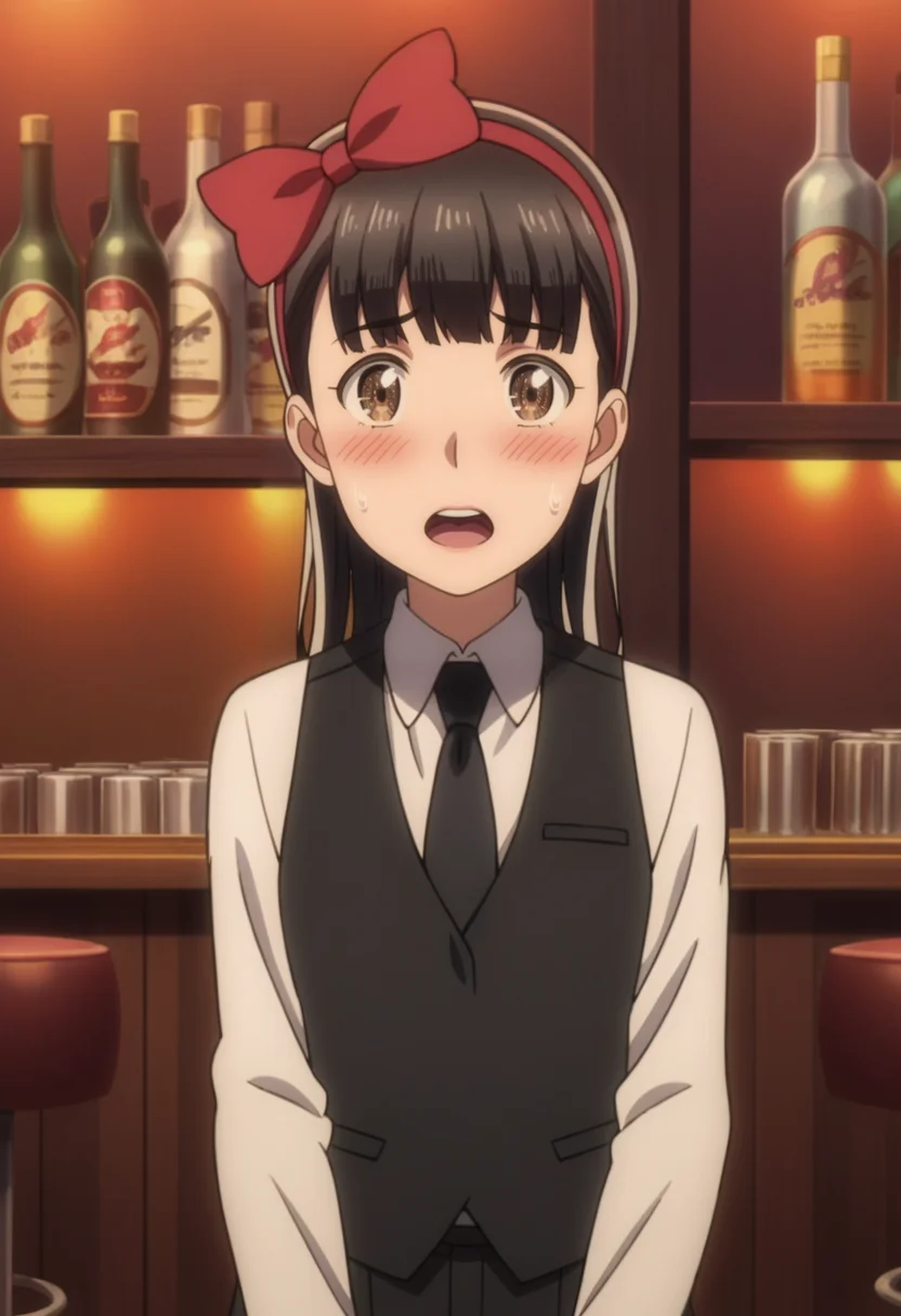 source_anime,anime screencap, anime coloring,intricate details,rating_safe, masterpiece, best quality,
(best quality, absurd res, ultra detailed),,(4 finger:0.5),1girl, ((solo)), good eyes,perfect eyes,,detailed eyes, zPDXLxxx , zPDXL3, ,detailed, detailed face
BREAK
solo,indoors,bar background,standing,front view,blushing, nervous, open mouth, looking at viewer, panicking, @ @,
hitomi, black hair, long hair, brown eyes, bartender uniform, hair bow, hairband, black necktie, white shirt, black vest, black pants,
, <lora:add-detail-xl:2> <lora:Hitomi:0.8>