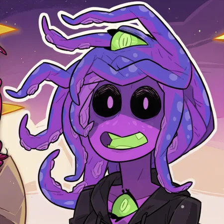 score_9, <lora:(Monster Prom) - Zoe XL:1> zoe z'gord, colored skin, monster girl, tentacle hair, colored sclera, tentacles, black eyes, extra eyes, black sclera
