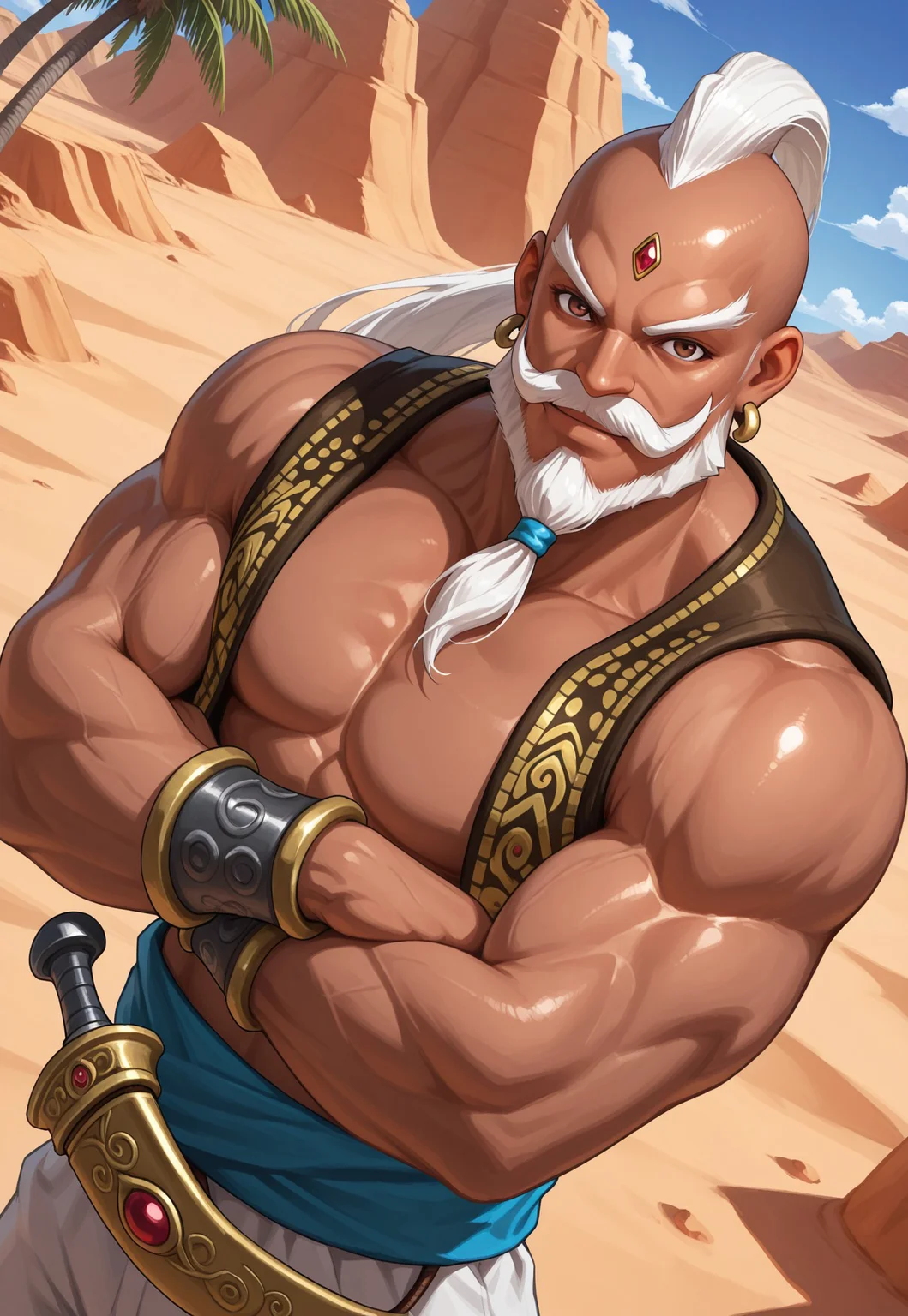 masterpiece, best quality, amazing quality, AzamSF, white hair, mohawk with long ponytail, forehead jewel, brown eyes, beard, mustache, dark skin, muscular, earrings, vest, wristbands, blue sash, white baggy pants, sheathed dagger, looking at viewer, smile, dynamic pose, detailed background, dutch angle, upper body, cowboy shot, arms crossed, desert, blue sky, clouds, (oasis), palm tree,
