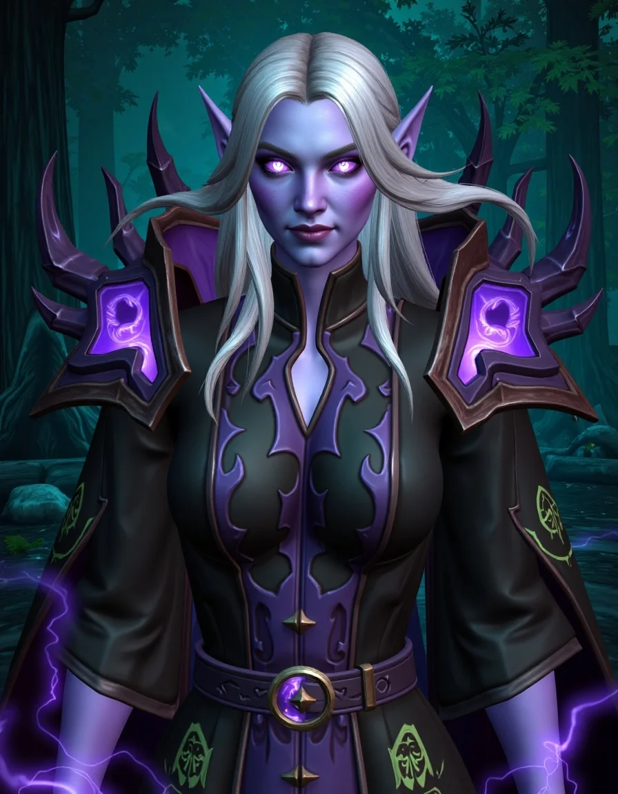 WOW_Character_Style, Extreme close-up portrait of a female night elf dark mage, cropped from upper chest to mid-forearm. Glowing violet eyes, cold and unreadable expression. Long, flowing silver hair. Wearing a dark, intricately detailed robe with arcane symbols etched in fel-green. The frame's top edge features spiked shoulder pieces radiating dark energy. Image cuts off at mid-forearm, with shadowy magic swirling around her forearms. Hands out of frame. Background suggests the haunted forests of Felwood. [Composition: Tight 85mm lens effect, compress perspective to naturally exclude extremities.]