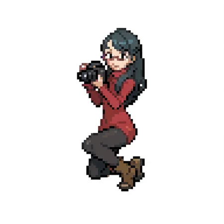 1girl,
kneeling,
black hair, long hair, sideswept bangs, brown eyes,
glasses, red semi-rimless eyewear,
red turtleneck sweaterdress, black legging, brown boots,
holding camera